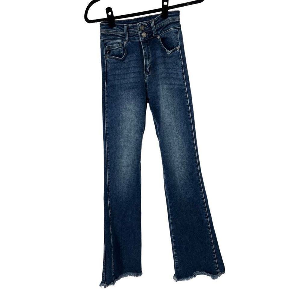 Kancan Raw Hem Flare Leg Button & Zip Fly Jeans